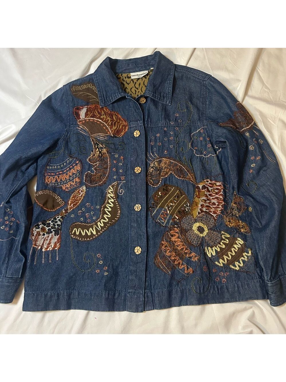 Breckenridge Jacket Blue Denim Button Up Earthtone Embroided Floral PM